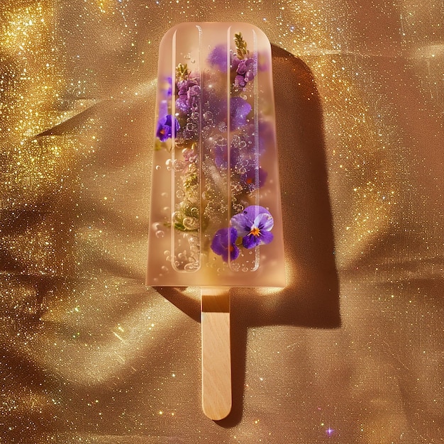 Photo a luminescent water popsicle containing violet flowers on a plain golden glittery background