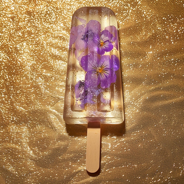 Photo a luminescent water popsicle containing violet flowers on a plain golden glittery background