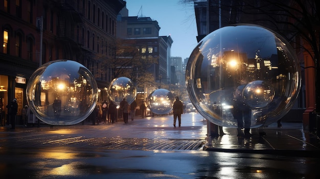 Luminiscent spheres float above the city streets photo