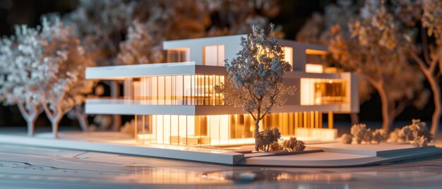 Photo a luminous architectural model house glows amid a crafted landscape embodying elegance and modern design in a miniature form