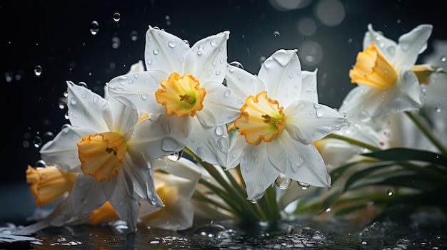 Luminous Beacons Dampened Bright Yellow Daffodils Heavy with Rain AI Generated