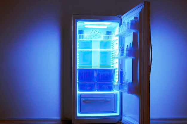 Luminous blue bright fridge with open door in dark