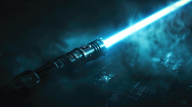 A luminous blue light saber glowing in a dark smokey environment