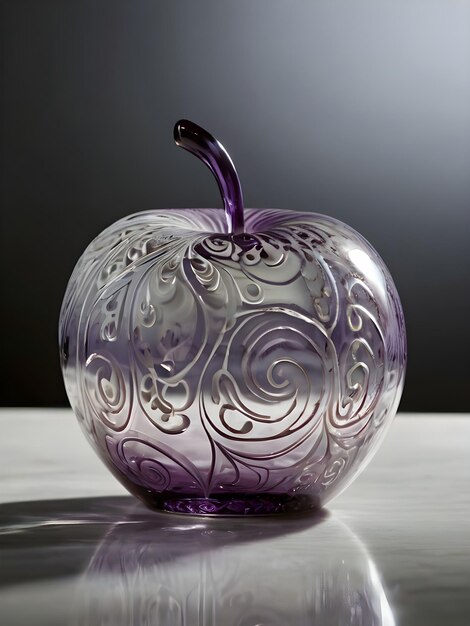 Photo a luminous delicate white and purple glass apple adorned with intricate etched swirling patterns