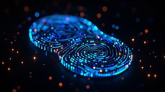 Photo luminous digital fingerprint made of glowing dots for biometric privacy encryption big data concepts