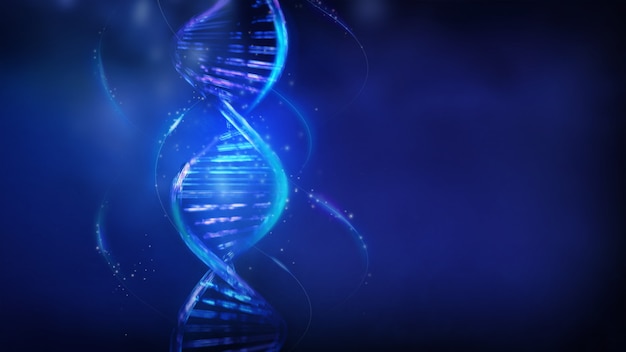 Luminous dna strands on a dark blue background d render