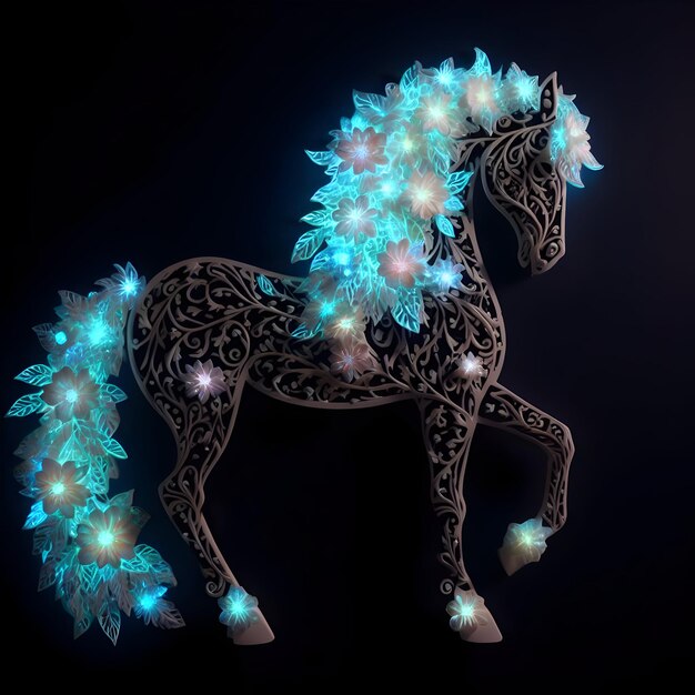 Luminous Equine Elegance A Majestic Horse with a Bioluminescent Floral Crown