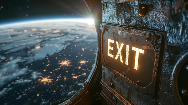 A luminous Exit sign aboard a spacecraft offers a stark contrast to the serene view of Earth39s curvature and city lights far below