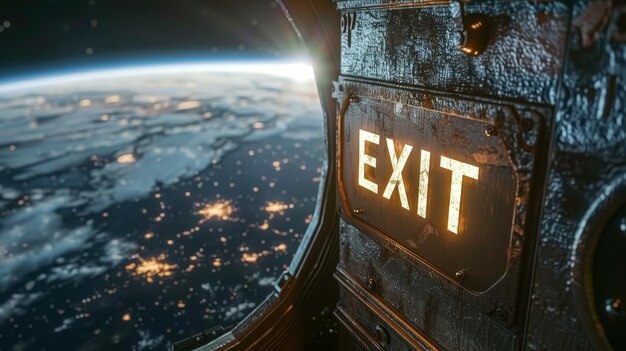 Photo a luminous exit sign aboard a spacecraft offers a stark contrast to the serene view of earth39s curvature and city lights far below