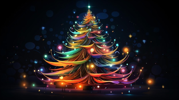 Luminous glowing christmas tree in the dark cartoon