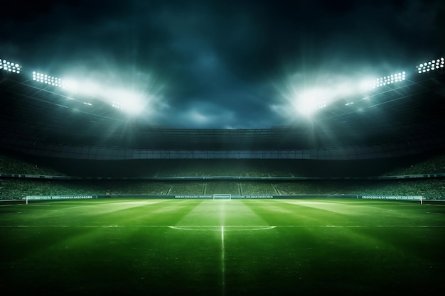 Luminous Green Soccer Field Brilliant Spotlights Generative AI