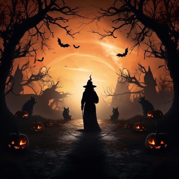 Luminous Halloween Backdrop with Eerie Silhouettes Witches Pumpkins and Vivid Moonlight