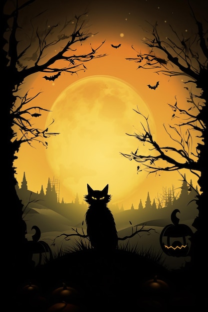 Luminous Halloween Backdrop with Eerie Silhouettes Witches Pumpkins and Vivid Moonlight