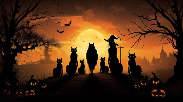 Luminous Halloween Backdrop with Eerie Silhouettes Witches Pumpkins and Vivid Moonlight