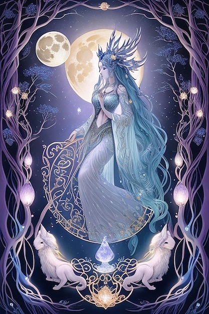 Photo a luminous moon goddess crafted from delicate porcelain and adorned with intricately painted lunar symbols