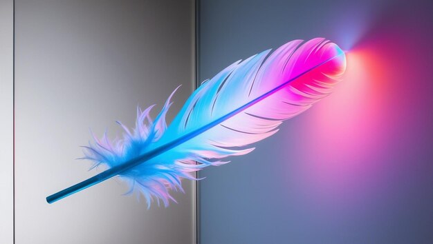 Photo luminous neon 3d feather with matte transparent acrylic the feather is glowing softly in a gradien