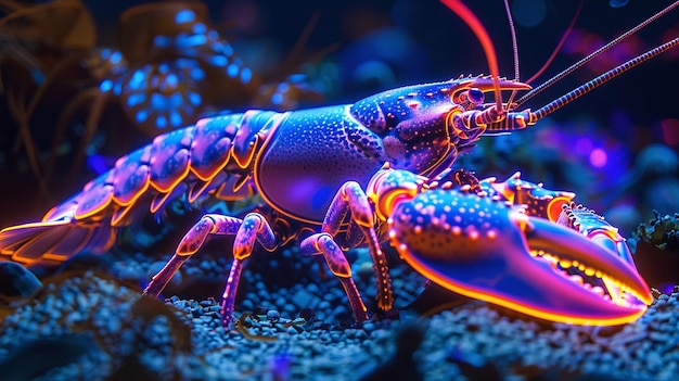 Luminous neon lobster closeup claws glowing in a digital ocean floor