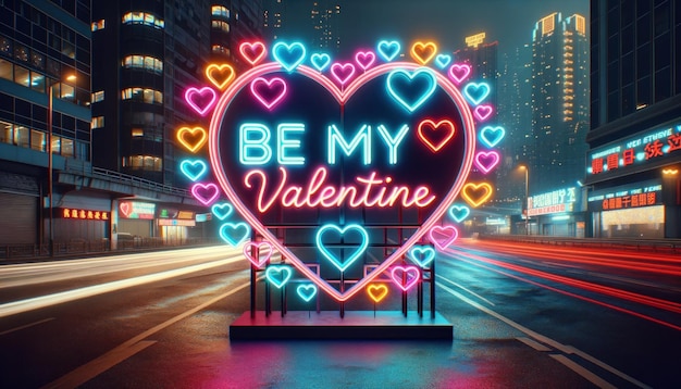 Luminous neon night city sign with the text 'Be my Valentine' surrounded by colorful glowing hearts