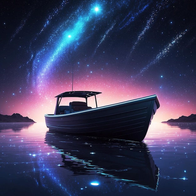 A luminous nocturnal skiff adorned with glowing stars