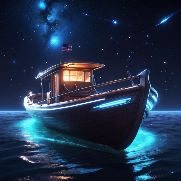 A luminous nocturnal skiff adorned with glowing stars