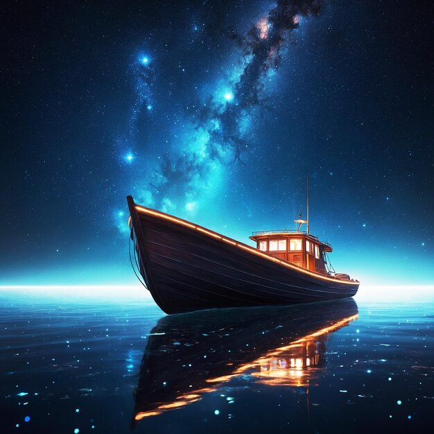 A luminous nocturnal skiff adorned with glowing stars