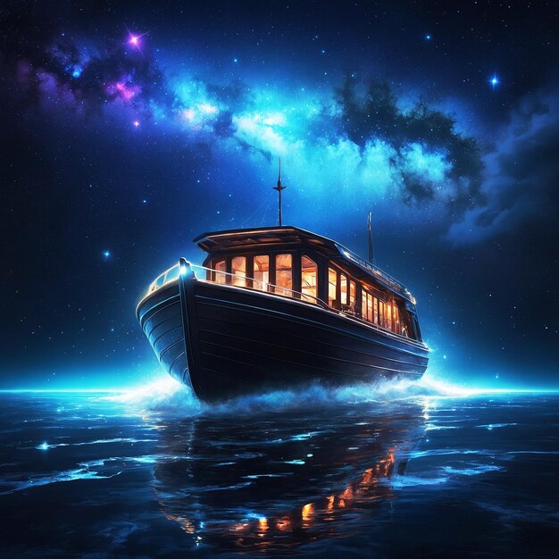 A luminous nocturnal skiff adorned with glowing stars