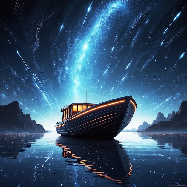 A luminous nocturnal skiff adorned with glowing stars