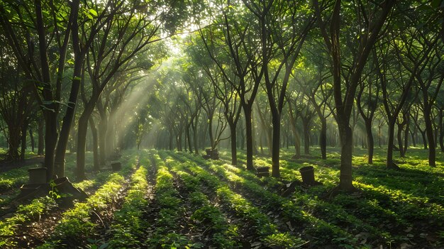 Luminous Rubber Plantation Sunlight Filtered through Rows of LatexDripping Trees