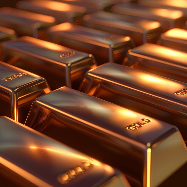 Photo luminous stacks of gold bars on dark background