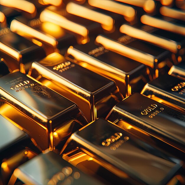 Photo luminous stacks of gold bars on dark background