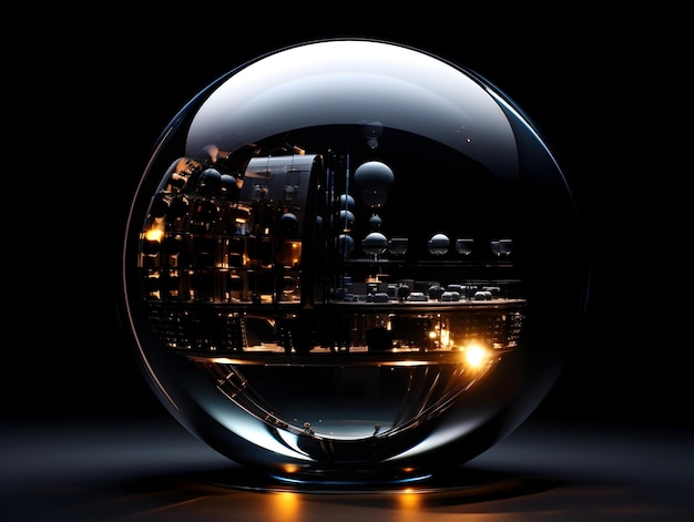 Luminous Translucent Glass Sphere Illuminating a Mystical Futuristic Blackhole with Intricate Circuit Patterns