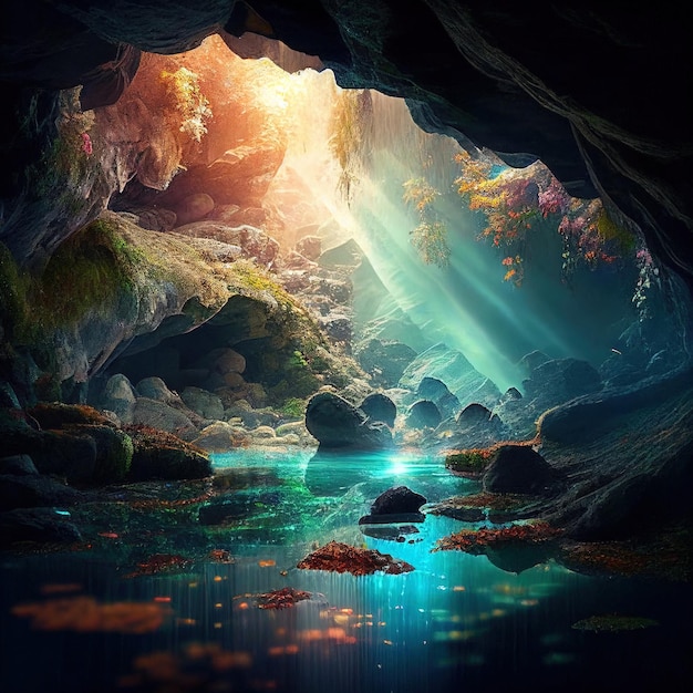 Luminous Wonder Colorful Crystal Cave Inside the Mountain Enveloped in Waterfalls