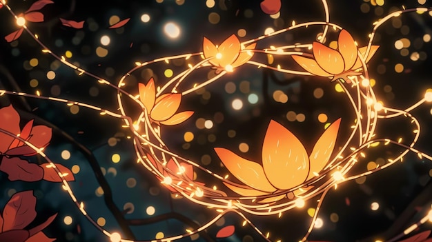 Photo a luminous wreath of autumn leaves illuminated by fairy lights