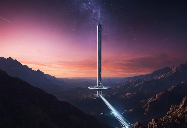 Luminously Gleaming Space Elevator in Digital Illustration