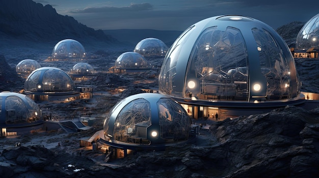 Lunar colony with domed biodomes