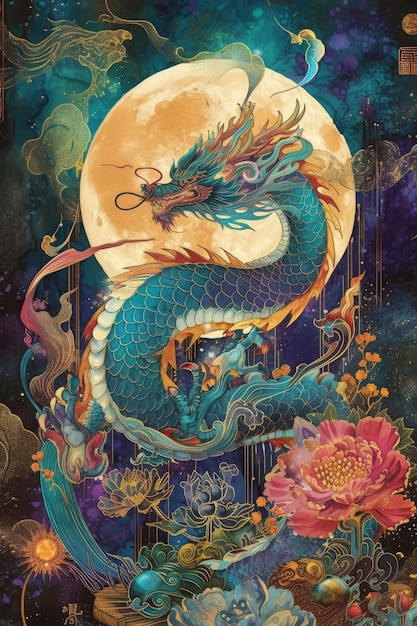 Lunar Dragon Year Greeting Card with Moon and Dragon Illustration