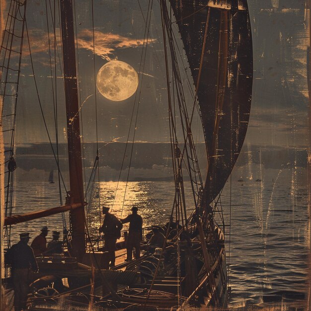 Lunar eclipse seen from the deck of a sailing ship