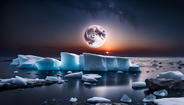 Photo lunar eclipse with icebergs