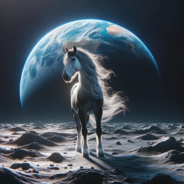 Lunar Equine Majesty A Horse on the Moon's Surface with Earth in the Background