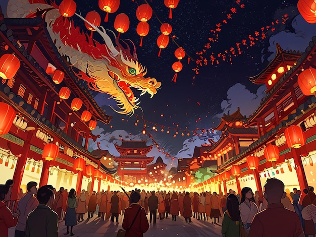 lunar festival night scene filled with glowing red lanterns hanging from trees and buildings