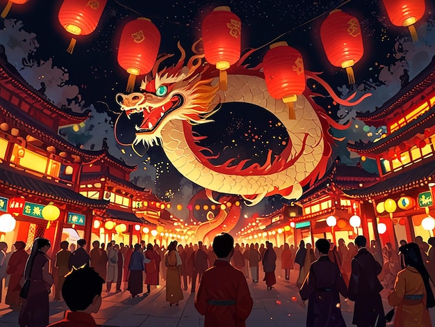 lunar festival night scene filled with glowing red lanterns hanging from trees and buildings