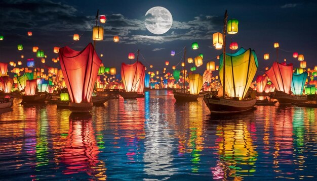 Lunar Lantern Festival Colorful Lanterns Sea Full Moon 1