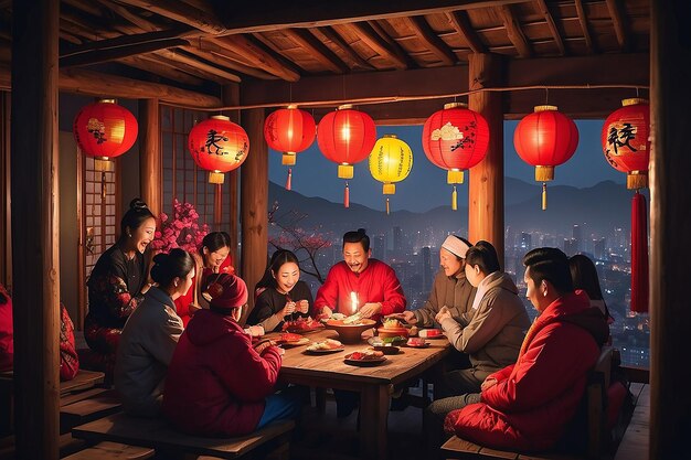 Photo lunar new year celebration moments full of cozy feeling and happy vibe