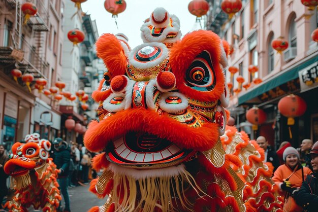 Lunar New Year celebration with lion dance and traditional music