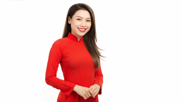 Lunar New Year celebrations Portrait of Vietnamese woman dress in Ao Dai vietnam traditional dress