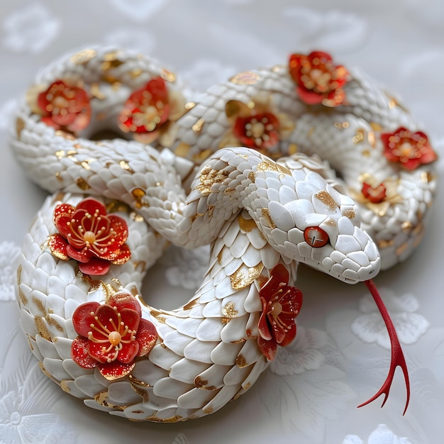 lunar new year snake in pearl white with sporadic gold and red scales made from Flowers