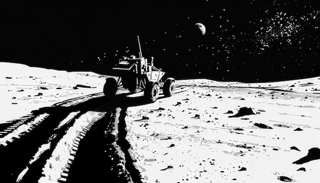 Photo lunar rover exploring the surface of the moon under a starry sky at night