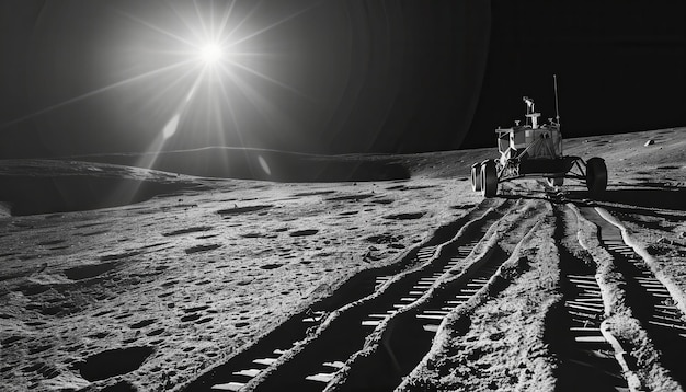 Photo lunar rover tracks on the moons surface under a bright sun