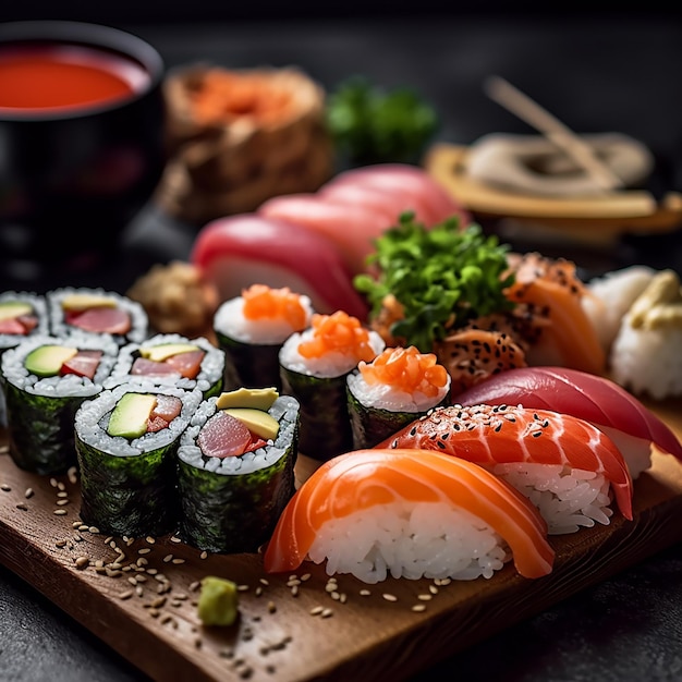 Lunch food delicates full of vegetables fresh full of colors tasty sea food scampi sushi