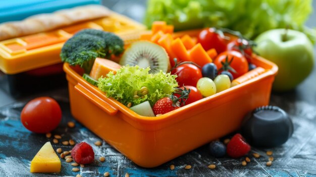 Lunchbox filled with fresh fruits and vegetables including broccoli kiwi lettuce tomatoes and berries displayed on a table